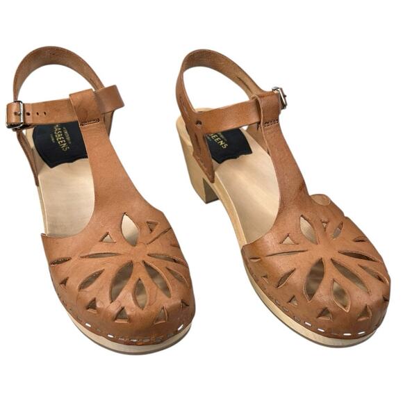 Swedish Hasbeens Women’s Lacy Brown Leather Wooden Sandals Size 39 US - Picture 5 of 12